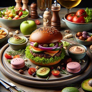 Platos de hamburguesa, ensalada y macarons